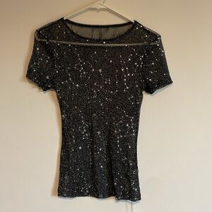 NWT MangoPop Metallic Star Shirt XS Sparkly Silver Black Sheer Short Stretch